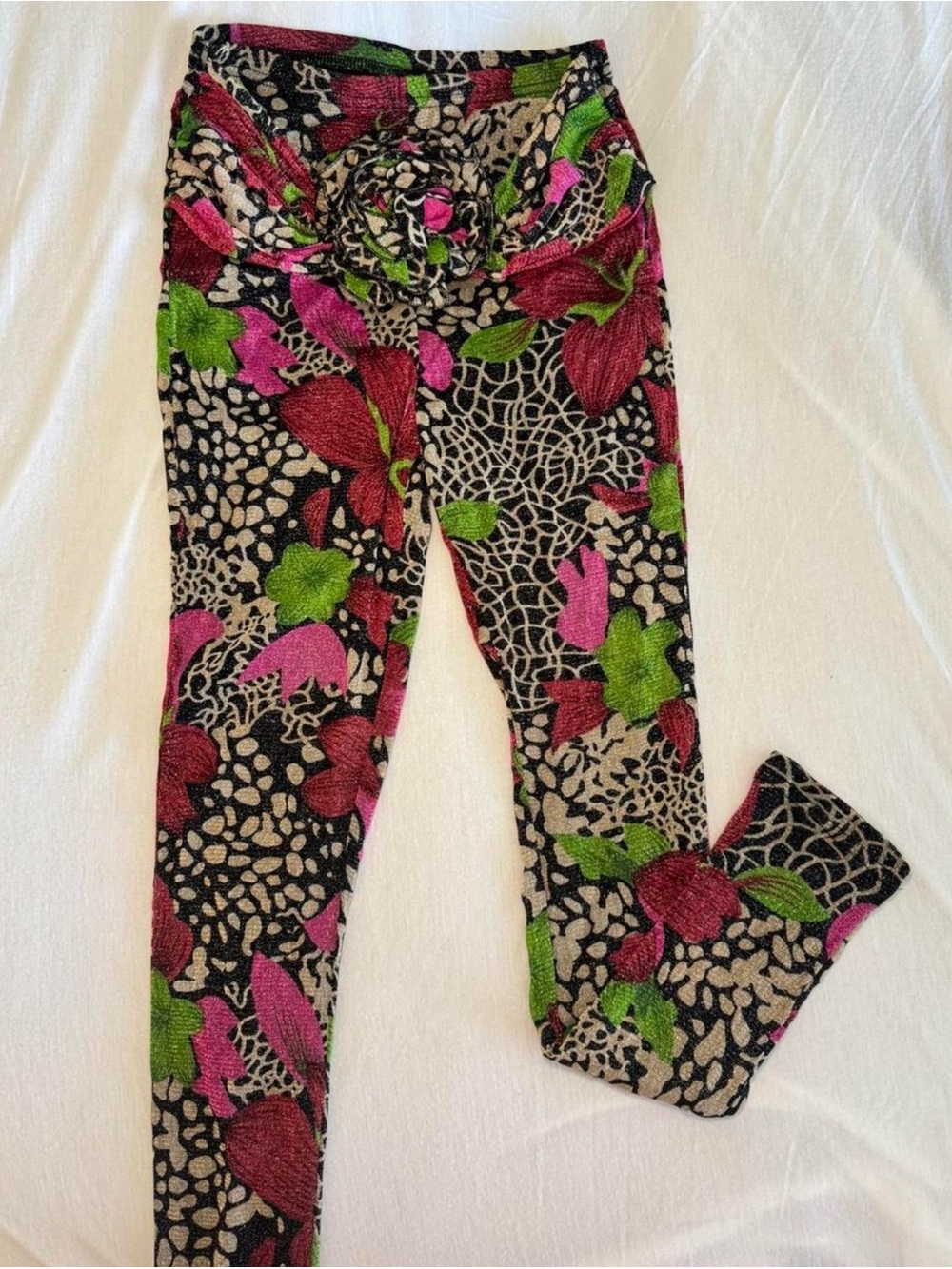Floral Print Leggings with Ruching Waist - Pink, Red & Green